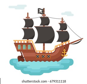 Wooden pirate buccaneer filibuster corsair sea dog ship icon game isolated flat design vector illustration