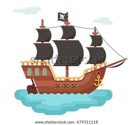 Wooden pirate buccaneer filibuster corsair sea dog ship icon game isolated flat design vector illustration