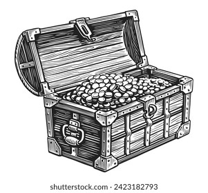 Wooden pirate chest full of treasures of gold coins. Hand drawn sketch vector illustration