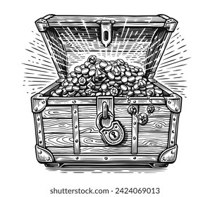 Wooden pirate chest full of treasures of gold coins and precious stones. Hand drawn vector illustration