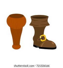 Wooden pirate leg and boot. wood filibuster prosthesis. filibuster footwear

