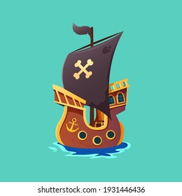 wooden pirate ship with black sail isolated on green background