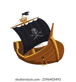 Wooden pirate ship with black sail featuring skull and crossbones. Classic pirates boat for kids party, poster, banner. Cartoon vector illustration.