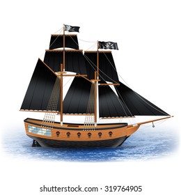  Wooden pirate ship with black sails and Jolly Roger flag at sea realistic vector illustration 