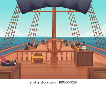 Wooden pirate ship. Captain bridge with steering wheel vintage shipping board vector cartoon illustration