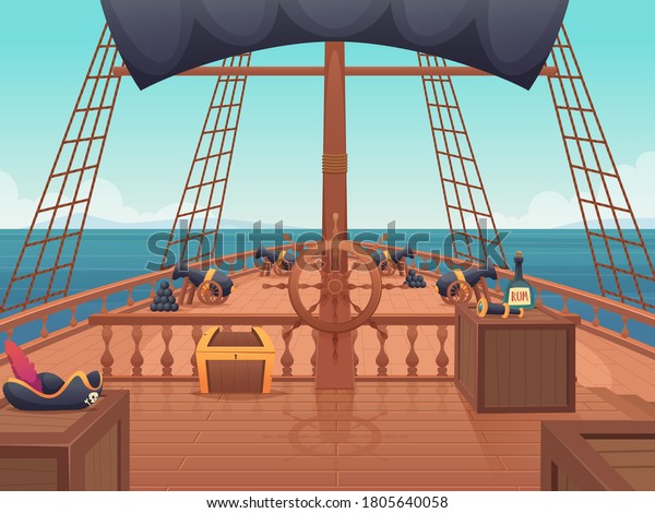 Wooden pirate ship.\
Captain bridge with steering wheel vintage shipping board vector\
cartoon illustration