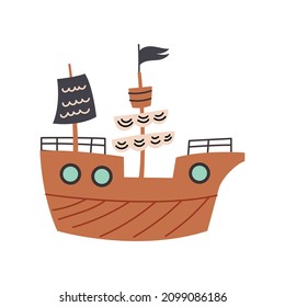 Wooden pirate ship hand drawn naive art