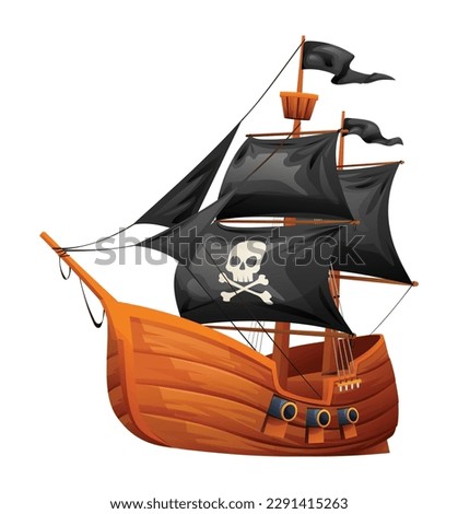Wooden pirate ship illustration. Cartoon sailing ship isolated on white background