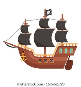 Wooden pirate ship isolated on white design flat vector illustration
