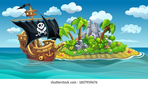 A wooden pirate ship with sails stands near a tropical island with palm trees. svg