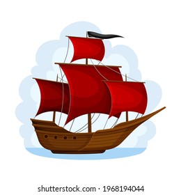 Wooden Pirate Ship or Vessel with Red Sail Navigating Upon Water Vector Illustration
