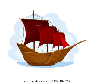 Wooden Pirate Ship or Vessel with Red Sail Navigating Upon Water Vector Illustration