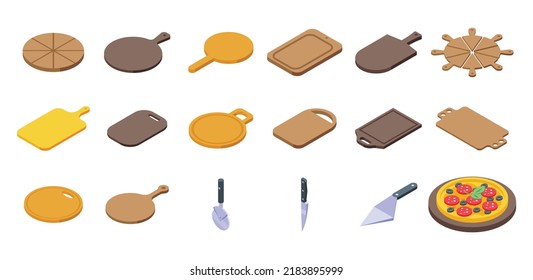 Wooden pizza board icons set isometric vector. Wood shield. Pizza food