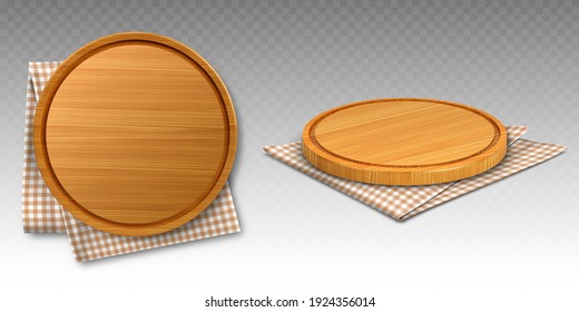 Wooden pizza and cutting boards on kitchen towel. Round trays on folded chequered tablecloth, natural, eco friendly utensils made of wood isolated on transparent background, realistic 3d vector set