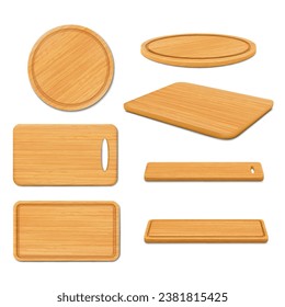 Pizza de madera y tablas de corte en la parte superior o en la parte delantera. Bandejas de formas redondeadas y rectangulares, utensilios de cocina naturales y ecológicos hechos de madera aislados en fondo blanco, conjunto de vectores 3d realistas