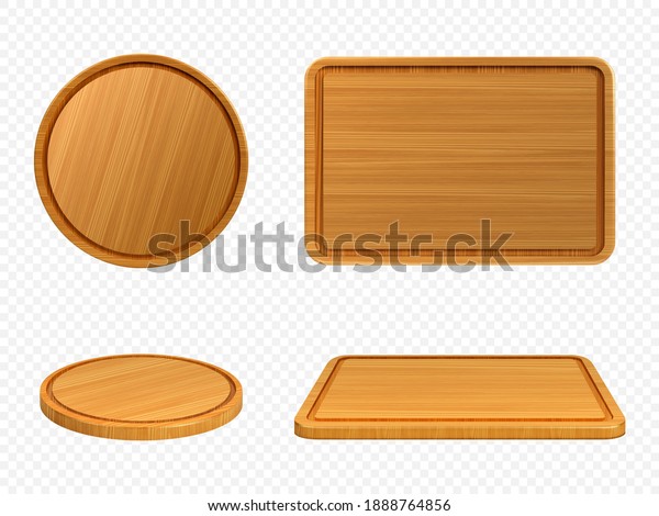 Wooden pizza and cutting boards top or front view.\
Trays of round and rectangular shapes, natural, eco-friendly\
kitchen utensils made of wood isolated on white background,\
realistic 3d vector set