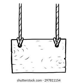 wooden placard hang by rope / cartoon vector and illustration, black and white, hand drawn, sketch style, isolated on white background.