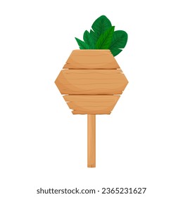 Wooden plank banner with tropical leaves, honeycomb shape on a stick. Wooden signboard template on a white background. Vector illustration.