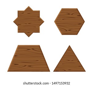 wooden plank different collection isolated on white background, wooden eight pointed star, trapezoid wood shaped plank dark brown, wooden triangular pyramid panel, hexagon wood shape