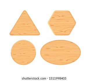 wooden plank different collection isolated on white background, hexagon wood shape, wooden triangle, circle wood shaped plank light brown, wooden ellipse or oval panel, wood shape for sign decoration