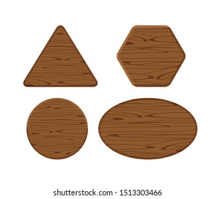 wooden plank different collection isolated on white background, hexagon wood shape, wooden triangle, circle wood shaped plank dark brown, wooden ellipse or oval panel, wood shape for sign decoration