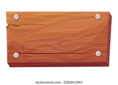 Wooden plank, frame game ui asset textured piece of board with nails, button in cartoon style isolated on white background. frame for massage, decoration.