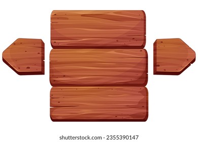 Wooden plank, frame game ui asset textured piece of board, button in cartoon style isolated on white background. frame for massage, decoration.