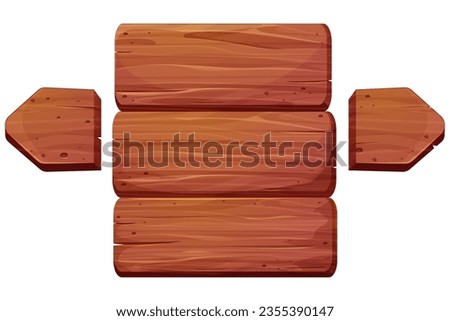 Wooden plank, frame game ui asset textured piece of board, button in cartoon style isolated on white background. frame for massage, decoration.