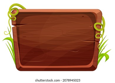 Wooden plank, jungle frame with leaves, exotic decoration in comic cartoon style isolated on white background. Empty board, textured an detailed.