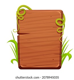 Wooden plank, jungle frame with leaves, exotic decoration in comic cartoon style isolated on white background. Empty board, textured an detailed.