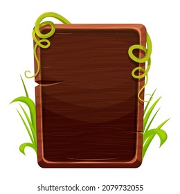 Wooden plank, jungle frame with leaves, exotic decoration in comic cartoon style isolated on white background. Empty board, textured an detailed.