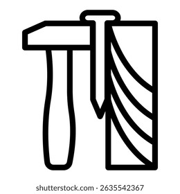 Wooden plank with nail and hammer line icon, forest industry concept. Vector graphics. Wood work, carpentry sign on white background, style mobile or design