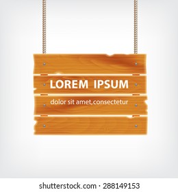 Wooden plank on rope. Background with wooden plank. EPS10 vector