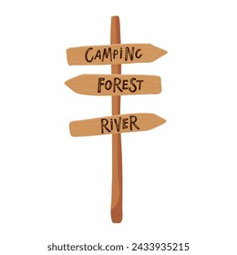 Holzplankenschild mit Inschrift Camping. Clipart-Pfeilzeiger. Richtung Holzpfeil Rustikales Straßenschild-Designelement. Flache Vektordarstellung auf weißem Hintergrund isoliert. Pfeilführung.