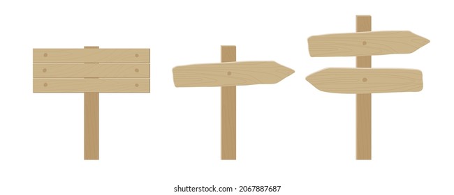Wooden plank signboard set. Pointers and arrows. Signpost with place for message. Direction Wooden Arrow Rustic Road Sign Design Element. Flat vector illustration isolated on white background.