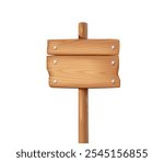 Wooden planks attached to post with nails realistic vector illustration. Old fashioned mockup road sign 3d object on white background