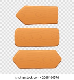 Wooden planks, boards and arrow set in cartoon style with cracked details. Interface element with wooden texture. Vector illustration isolated on white background.