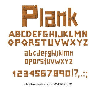 Wooden planks font letters, digits and symbols, vector cartoon type alphabet. Wood bars font of timber planks with nails or bolts, rustic broken wood alphabet signs and numbers typography set