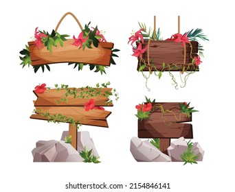 Wooden planks hanging on ropes with liana branches, flowers and tropical leaves. Jungle. Set of vintage, retro banners for game. Cartoon vector illustration.