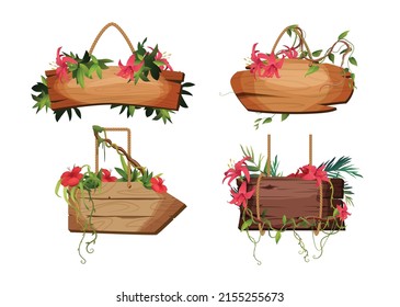 Wooden planks hanging on ropes with liana branches, flowers and tropical leaves. Jungle. Set of vintage, retro banners for game. Cartoon vector illustration.