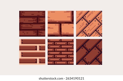  Wooden planks and panels pixel art square blocks. Rustic hardwood seamless pattern textures 8 bit platform tiles. Game development, mobile app template. Texture grid vector illustration.