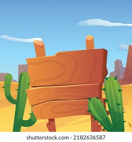 Wooden planks signboard banner mounted on pole in desert landscape, flat background vector illustration. Desert place scenery with wooden signpost for text.