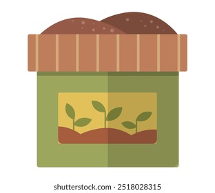 Wooden plant growing box, crate, container with soil, humus in cardboard isolated on white background. Organic soil heap for compost. Recycling natural garbage. Earth worms and biodegradable trash