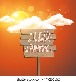 Wooden Plaque with "Hello Summer" Lettering. Sunshine and sky. Background for summer design. Calligraphic design element.

