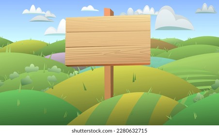 Wooden plaque. Hills in rural garden. Farm agricultural crop production. Summer landscape. Sign with place for text. Board wooden shield for inscription. Cartoon fun style. Flat design. Vector.