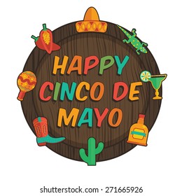 wooden plaque with mexican cinco de mayo decorations, isolated on white