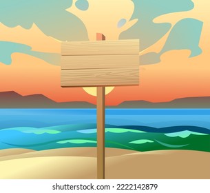 Holzplakette. Der Sand des Strandes am Meer. Meereswellen Landschaft. Unterschreiben Sie mit Platz für Text. Cartoon Spaß Stil. Holzpappe zur Aufschrift. Flaches Design. Vektorgrafik.