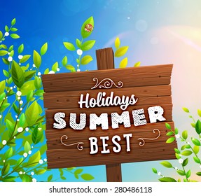 Wooden Plaque with Say Hello to Summer, Best Holidays, Enjoy Every Moment Lettering. Blurred Background. Summer Beach. Sand and Ocean. Blue Sky with Clouds. Summer Design for Beach Party Placard.