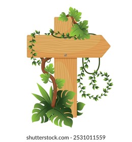 Flecha de letrero de placa de madera con enredaderas ilustración plana de Vector de planta tropical. Tablero de madera en blanco señalización dirección poste guía tablón de dibujos animados cartelera Anuncio de información con helecho exótico