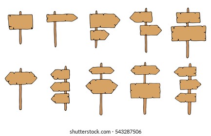 Wooden plaque in the style of a cartoon drawn by hand. Vector illustration set on white background.